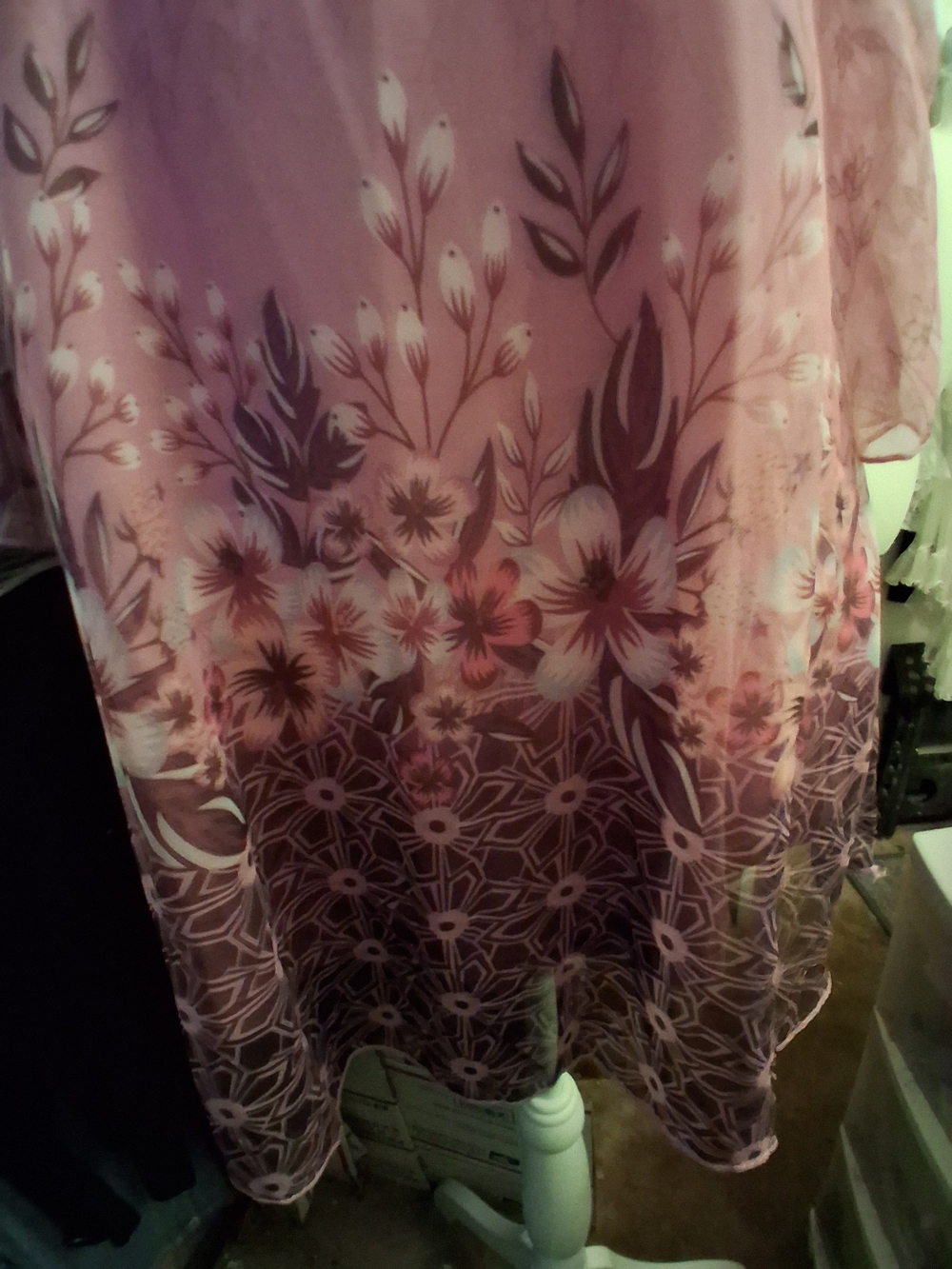 Sheer Pink Floral Overlay STRETCH Tunic,bodice lined,3/4 open sleeves,size is  M - Picture 4 of 10